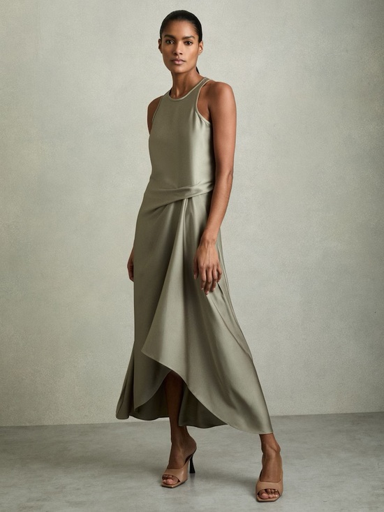 Reiss Dresses & Skirts - NWT REISS Satin Drape Tuck Midi dress in Khaki